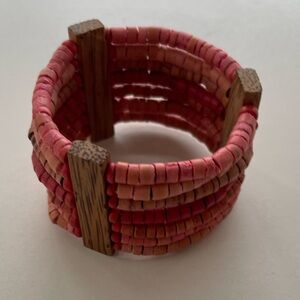 Vintage multi-strand red orange wooden bead stretch bracelets flat wood spacers